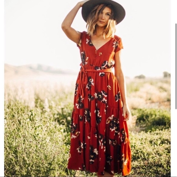 Free People “All I Got” Floral Tiered Pleated Maxi Dress Rust Red - Picture 1 of 16